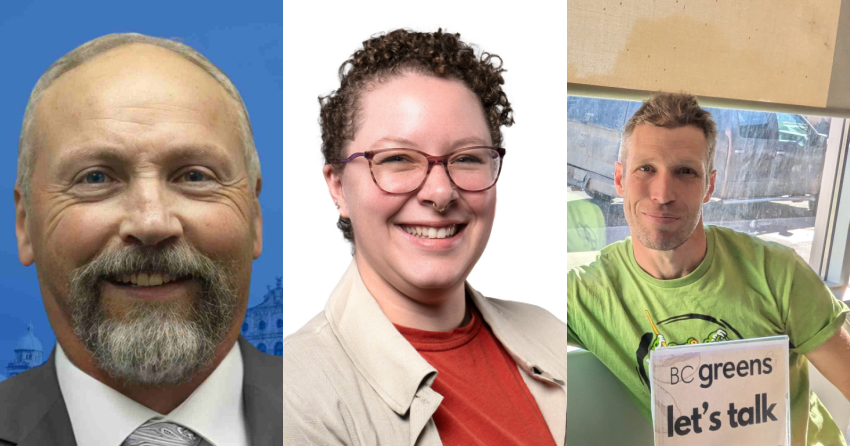 <who> PHoto Credit: BC Conservatives/BC NDP/ BC Greens </who> Stamer (L), Genn (C) and Cavers (R).