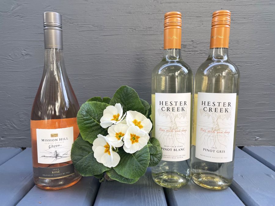 <who>Photo credit: NowMedia Group</who>Brand new releases of the 2023 vintage. Mission Hill 2023 Reserve Organic Rose ($26), left, Hester Creek 2023 Old Vine Pinot Blanc ($19) and Hester Creek 2023 Pinot Gris ($19).