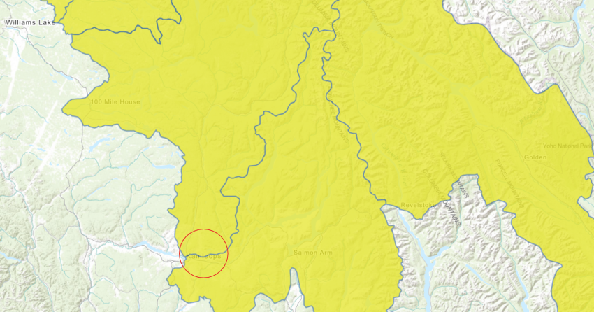 <who> Photo Credit: BC River Forecast Centre </who> Kamloops is in the red circle.