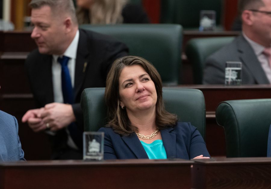 <who> Photo Credit: Canadian Press</who>Alberta Premier Danielle Smith looks to the gallery as the 2024 budget is delivered in Edmonton, Thursday, Feb. 29, 2024. 