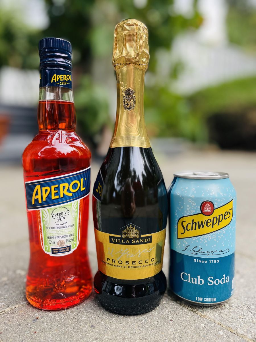 </who>Three simple ingredients for the perfect Aperol Spritz -- Aperol liqueur, Prosecco and soda water.