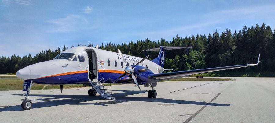<who>Photo credit: Pacific Coastal Airlines</who>Pacific Coastal flies 19-seat Beachcraft 1900 turbo-propellor planes on the Kelowna-Comox route.