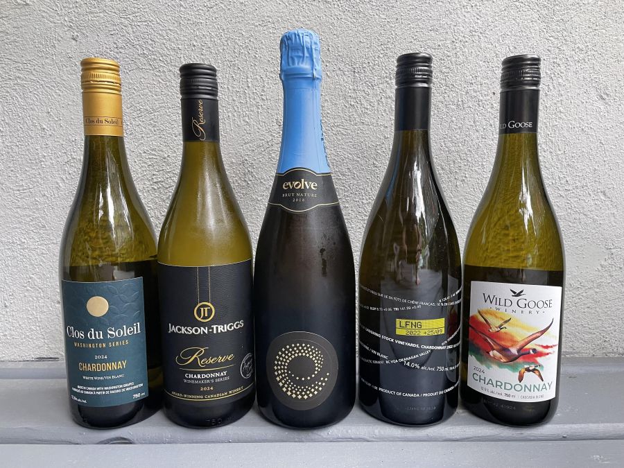 </who>Five Chardonnays to mark World Chardonnay Day (May 21) and International Chardonnay Day (May 22). From left, Clos de Soleil 2024 ($30), Jackson-Triggs Reserve ($15), Evolve 2018 Sparkling Brut Nature ($50), Laughing Stock 2022 ($25) and Wild Goose 2024 ($18.25).