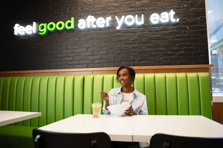 <who>Photo credit: Chopped Leaf</who>The 'Feel Good After You Eat' tagline remains in all the updated interiors.