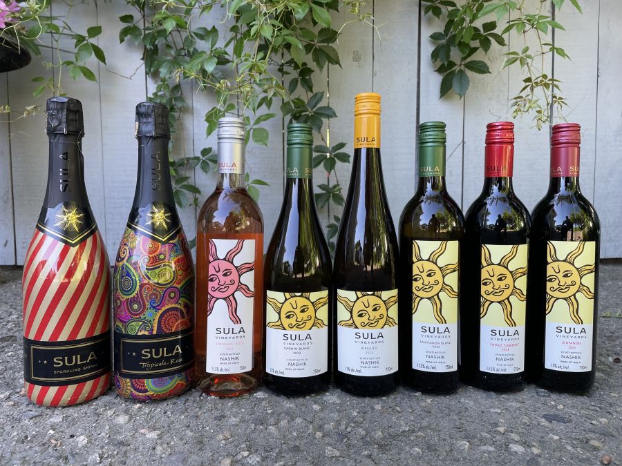 <who>Photo credit: Steve MacNaull/NowMedia Group</who>The line up of Sula Wines now available in British Columbia. From left, Sparkling Shiraz ($21), Tropicale Rose Sparkling ($21), Zinfandel Rose 2023 ($17), 2023 Chenin Blanc ($17), 2023 Riesling ($17), 2023 Sauvignon Blanc ($17), 2023 Shiraz-Cabernet ($17) and 2023 Zinfandel ($17).