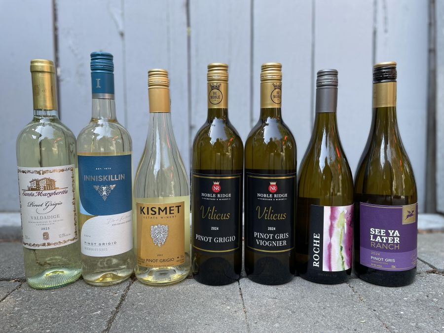 </who>International Pinot Grigio Day is tomorrow, Saturday, May 17. Raise a glass to it with these vintages, from left, Santa Margherita Valdadige 2023 Pinot Grigio ($20), Inniskillin Winemaker's Series 2024 Pinot Grigio ($16), Kismet 2023 Pinot Grigio ($26), Noble Ridge 2024 Vilicus Pinot Grigio ($21), Noble Ridge 2024 Vilicus Pinot Grigio-Viognier ($21), Roche Artist Series 2024 Pinot Gris ($27) and See Ya Later Ranch 2024 Pinot Gris ($20).
