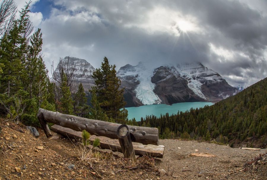 <who> Photo Credit: BC Parks </who> Toboggan trail looking out at Berg Lake, Berg and Mist glaciers.