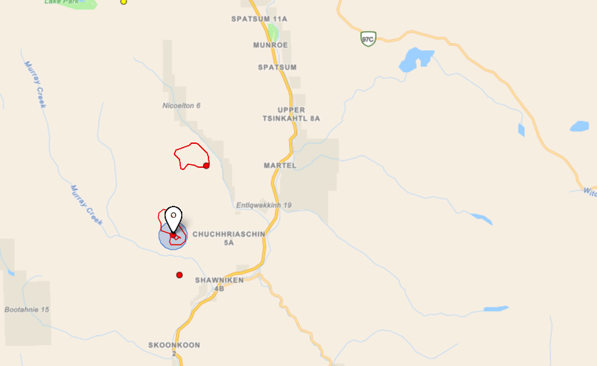 <who> Photo Credit: BCWS </who> A map showing where wildfire s K70910 and K70913 are burning in proximity to the community at the junction of Highway 1 and Hwy 8, north of Merritt.