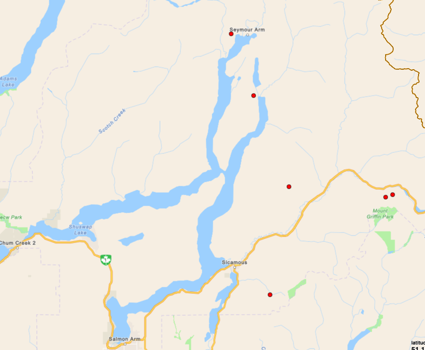 <who> Photo Credit: BCWS </who> Map of the six new wildfire starts in the Shuswap as of Thursday, July 18 at 12:30 pm.