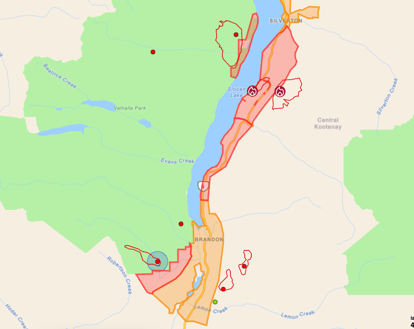 <who> Photo Credit: BCWS </who> A look at the fire situaiton between the Village of Nakusp and the Village of Slocan as of 2:45 pm on July 23.