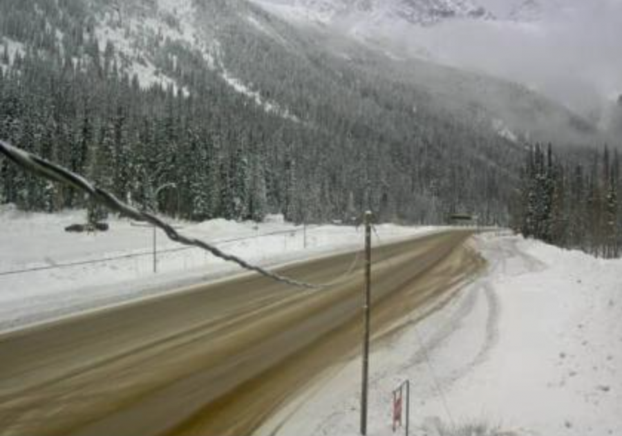 <who> Photo Credit: DriveBC </who> Rogers Pass at 2 pm on Monday.