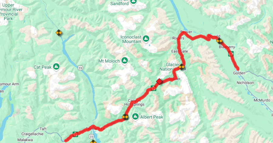 <who> Photo Credit: DriveBC </who> A map showing where the advisory is in place.