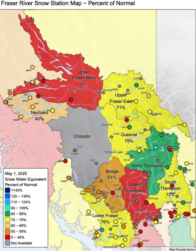 <who> Photo Credit: River Forecast Centre </who> A map showing snow stations and snowpack levels in the Thompson and Fraser basins as of May 1.