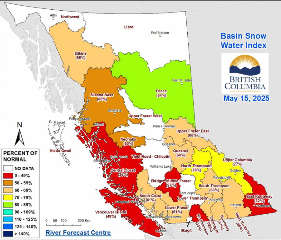 <who> Photo Credit: BC River Forecast Centre </who> A map showing snow stations and snowpack levels in the Thompson and Fraser basins as of May 15.