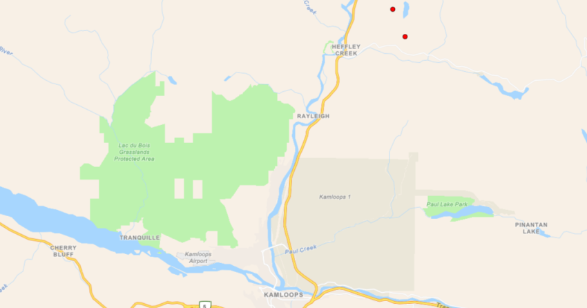 <who> Photo Credit: BCWS </who> The larger of the two fires is located the furthest south of Lyons Lake.