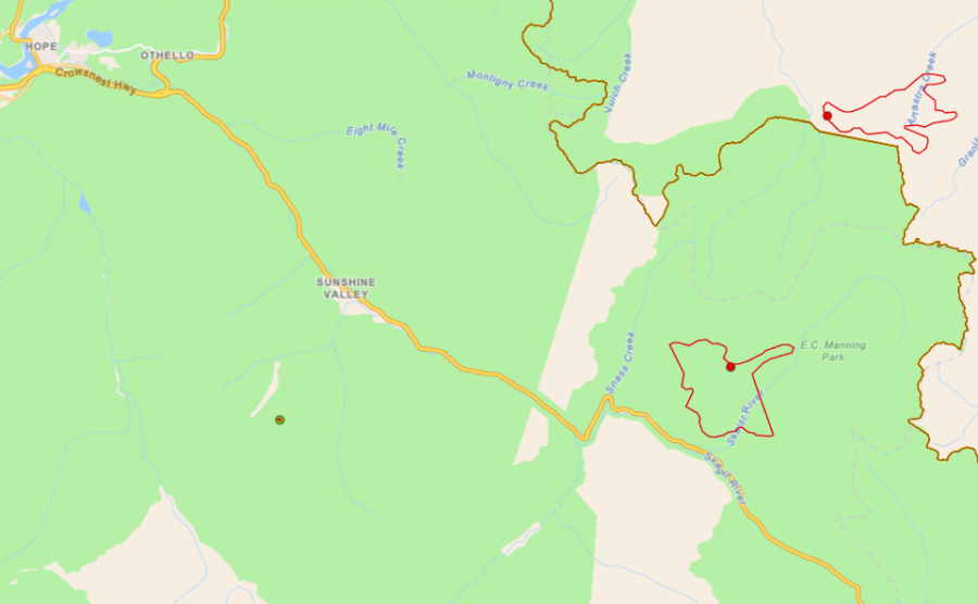 <who> Photo Credit: BCWS </who> The Turnabll Creek fire at the bottom with the 762-hectare Holding Creek fire to the north.