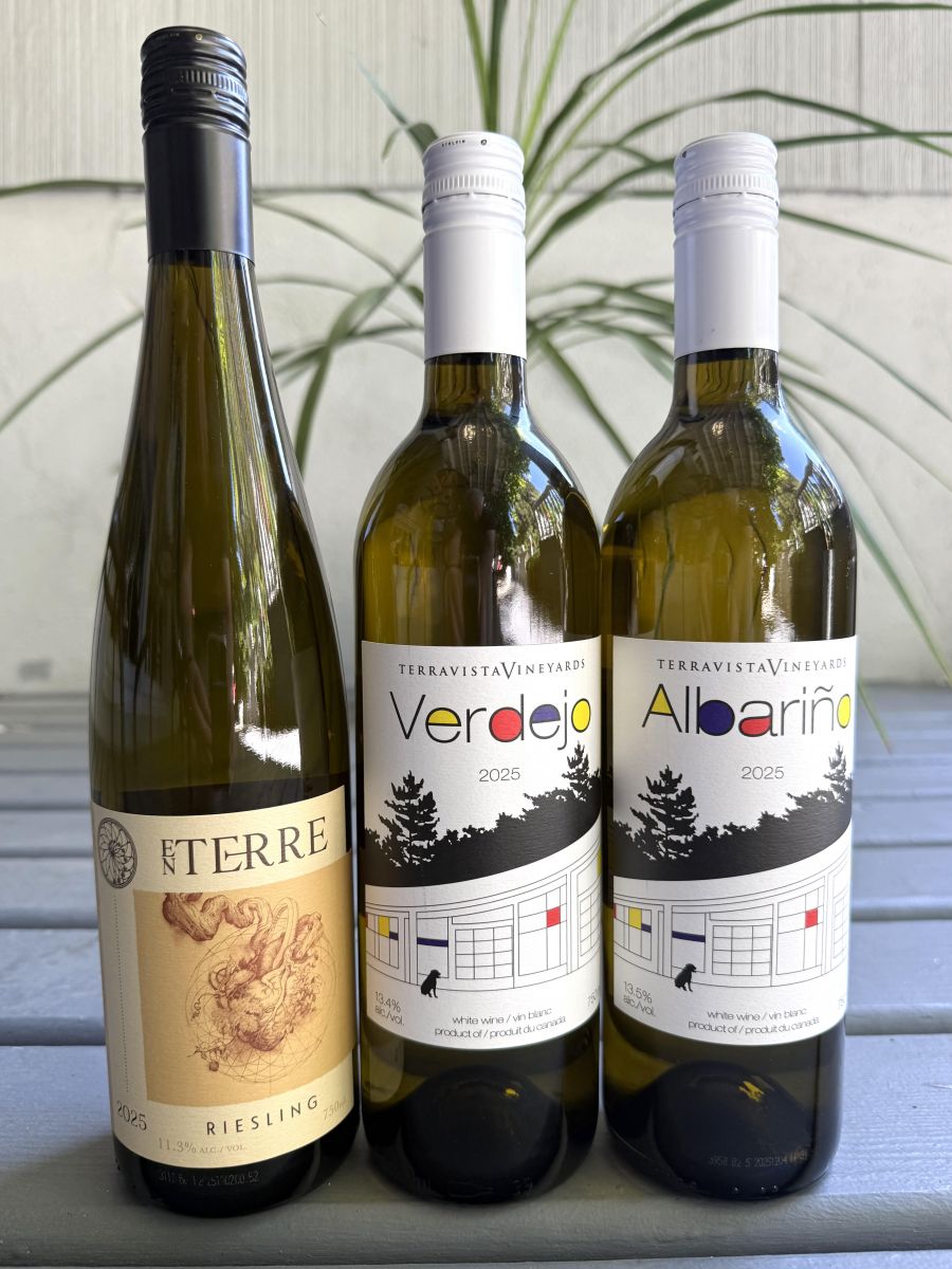 </who>Three new releases from Terravista Vineyards on the Naramata Bench. From left, En Terra 2025 Riesling ($30), 2025 Verdejo ($31) and 2025 Albarino ($31).
