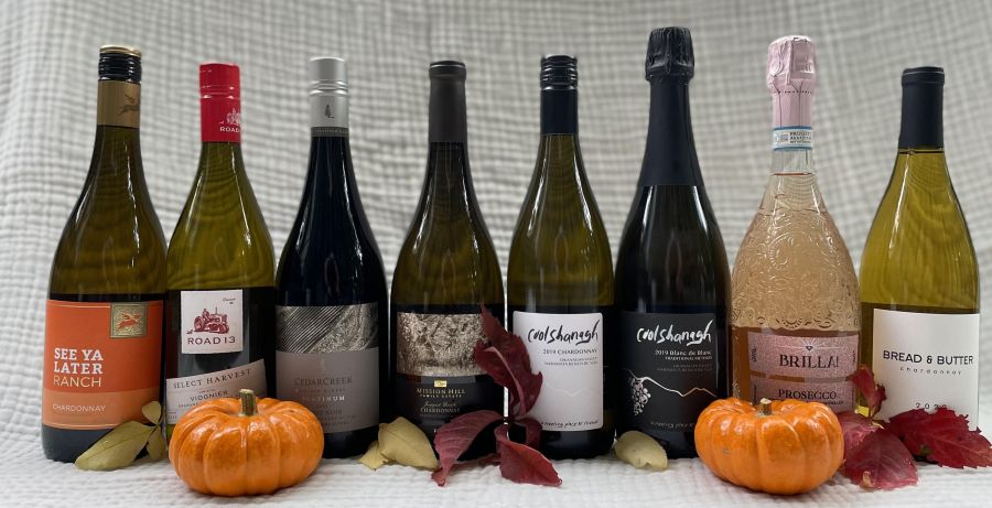 <who>Photo credit: Steve MacNaull/NowMedia Group</who>Welcome at the Thanksgiving table. From left, See Ya Later Ranch 2022 Chardonnay ($20), Road 13 Select Harvest Viognier 2022 ($28), CedarCreek Platinum East Kelowna Slopes Pinot Noir (only available at the winery's tasting room), Mission HIll Jagged Rock 2022 Chardonnay ($52), Coolshanagh 2019 Chardonnay (sold by the case $360). Coolshanagh 2019 Blanc de Blanc Sparkling (sold by the case $400), Brilla! Rose Prosecco ($21) and Bread & Butter 2022 Chardonnay ($23).