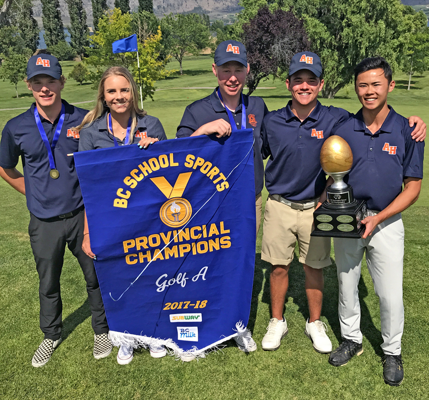 <who>Photo Credit: Contributed </who>The Aberdeen Hall Gryphons of Kelowna display the coveted B.C. School Sports senior A golf banner after winning the provincial title at the Osoyoos Golf Club on Tuesday. Members of the team are, from left, Cole Wilson, Rebecca Reitsma, Colton Piper, Kristian Isa and Brandon Chai.