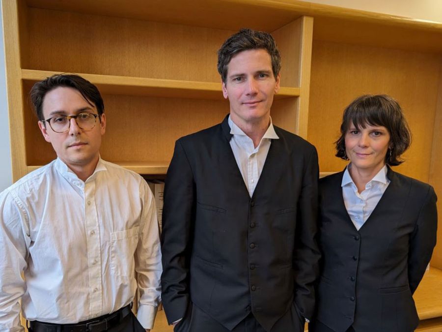 <who> Photo Credit: Michelle Gamage, Local Journalism Initiative Reporter</who> Lawyers for the Drug Users Liberation Front included, from left, Kaelan Unrau, Tim Dickson and Stephanie Dickson. Photo taken in March 2024.