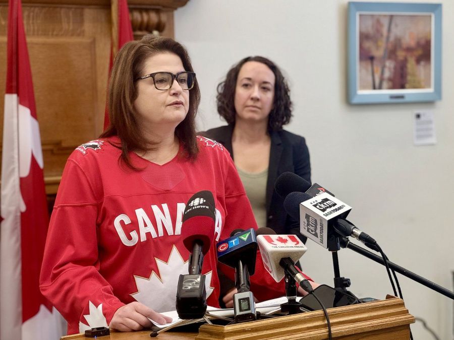 <who>Photo Credit: Canadian Press</who>Saskatchewan Opposition NDP Leader Carla Beck speaks to reporters at the Saskatchewan Legislative Building, in Regina, Monday, March 17, 2025.