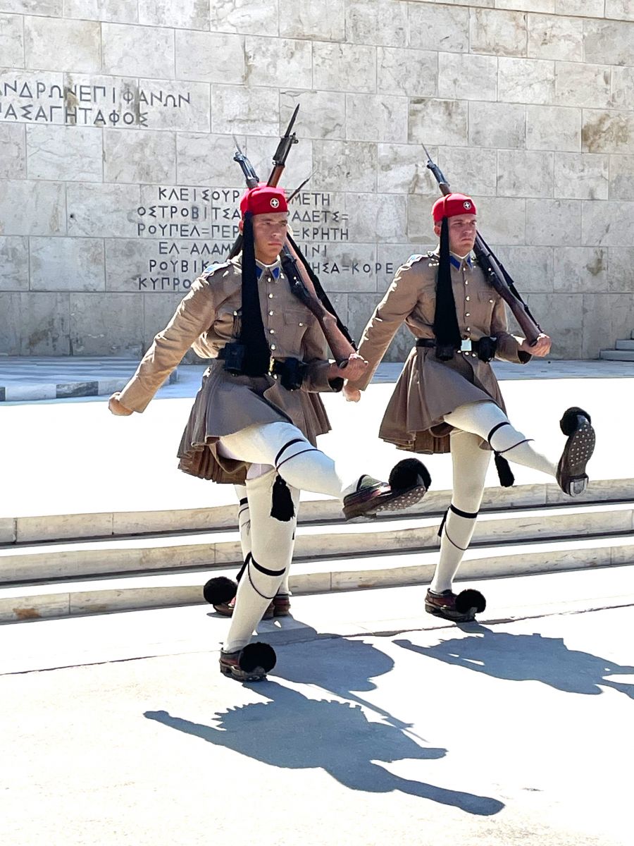 <who>Photo credit: Steve MacNaull/NowMedia Group</who>The changing of the guard in front of the Tomb of the Unknown Soldier in front of the Greek parliament.