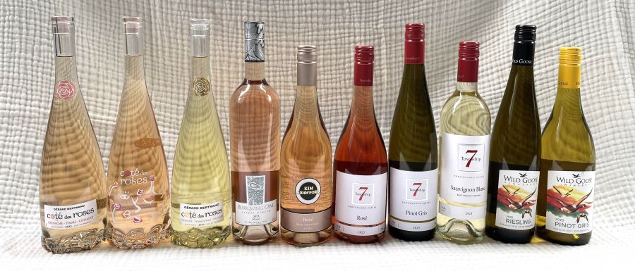<who>Photo credit: Steve MacNaull/NowMedia Group</who>Hot weekend wines, from left, Gerard Bertrand Cotes des Roses 2022 Rose ($23), Gerard Bertrand Cotes des Roses Limited Edition Rose ($34), Gerard Bertrand Cotes des Roses 2020 White ($23), Burrowing Owl 2023 Rose ($23), Kim Crawford 2022 Rose ($22), Township 7 Provenance Series 2023 Rose ($28), Township 7 Provenance Series 2023 Pinot Gris ($25), Township 7 Provenance Series 2023 Sauvignon Blanc ($25), Wild Goose 2023 Riesling ($21) and Wild Goose 2023 Pinot Gris ($23).