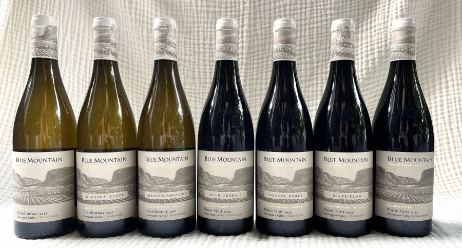 <who>Photo credit: Steve MacNaull/NowMedia Group</who> From left, Reserve Cuvee Chardonnay ($40), Blossom Slope Single Vineyard Block 17 Chardonnay ($50), Alluvium Reflection Single Vineyard Block 32 Chardonnay ($50), Wild Terrain Single Vineyard Block 9 Pinot Noir ($55), Gravel Force Single Vineyard Block 14 Pinot Noir ($55), River Flow Single Vineyard Block 23 ($55) and Reserve Cuvee Pinot Noir ($45).