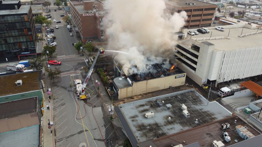 <who>Photo Credit: City of Prince George</who>Crews battle the blaze at CrossRoads Brewing & Distilling on Friday.