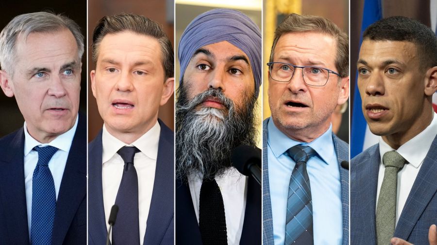 <who>Photo Credit: Canadian Press</who>(L to R) Mark Carney, Pierre Poilievre, Jagmeet Singh, Yves-François Blanchet, Jonathan Pedneault 
