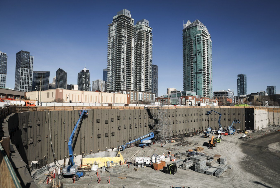 <who> Photo credit: Canadian Press </who> Construction continues on Scotia Place, the new home of the NHL Calgary Flames, in Calgary on Monday, April 14, 2025.