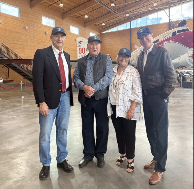</who>Four of the original crew members from that 1986 around-the-world flight. From left, Bob Blanchard, navigator, Barry Lapointe, plane owner and pilot, Doreen Olson, flight coordinator, and Bill Gillies, pilot.