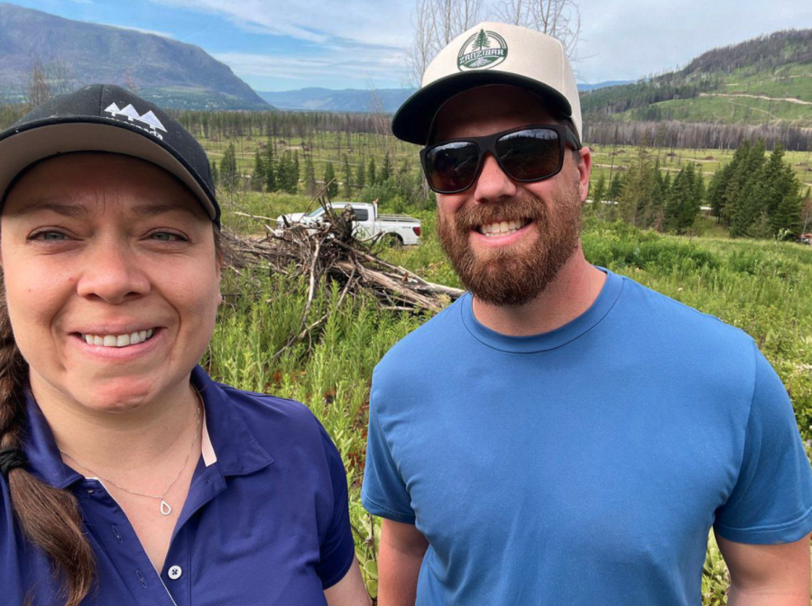<who> Photo credit: Via LJI </who> Amber Brant, tree planting resource manager with Forests Canada, and Andrew Steeves, registered forest technologist and operations manager with Cariboo Carbon Solutions, at a spring 2025 forest restoration planting project in North Shuswap,.