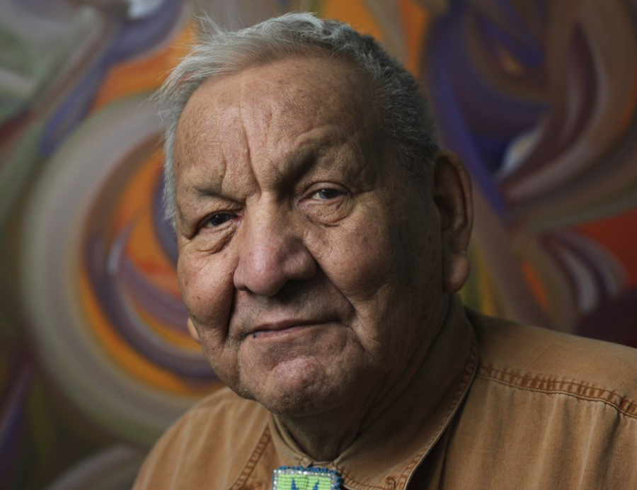 <who> Photo credit: Canadian Press </who> Artist Alex Janvier is pictured at his gallery on the Cold Lake First Nations on Wednesday, Feb. 8, 2017.