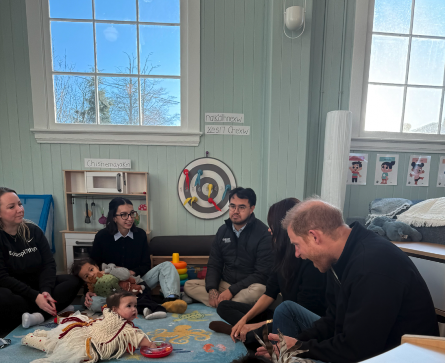 <who> Photo credit: Samantha Falk/LJI </who> Prince Harry in the Squamish Nation's Language Nest Monday.