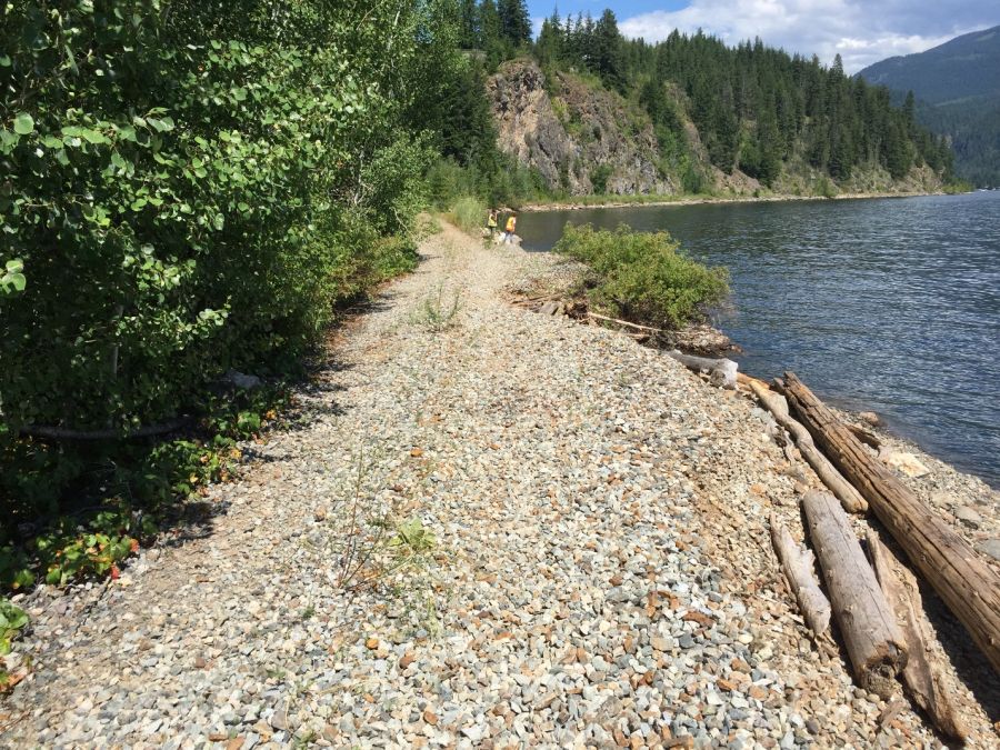 <who> Photo Credit: CSRD </who> Rail Trail Construction south of Sicamous along Mara Lake between km 4.4 and km 14.8 is next up for construction.