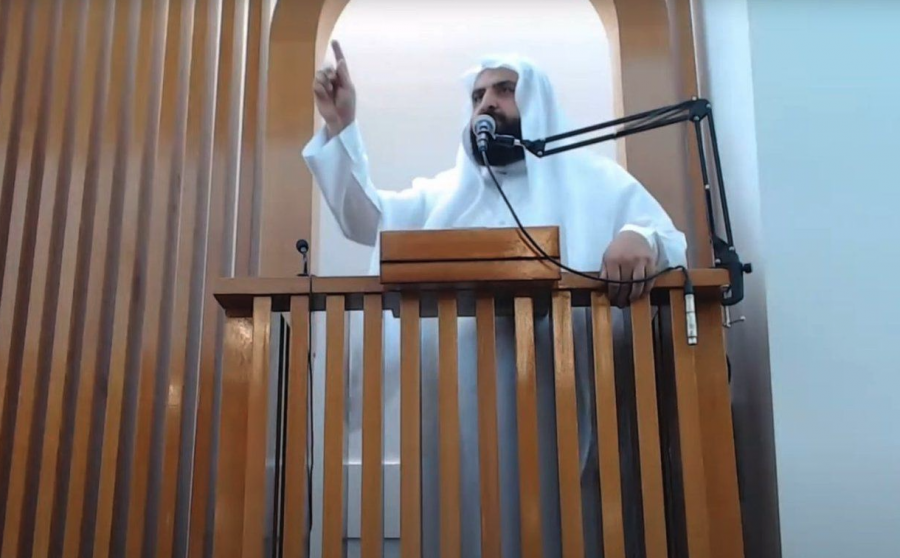 <who> Photo credit: Screenshot from ISBC Youtube video Patrick Penner, Local Journalism Initiative Reporter </who> Imam Adnan Abyat speaking at the Al Hidiyah Mosque last Friday, Aug. 2.