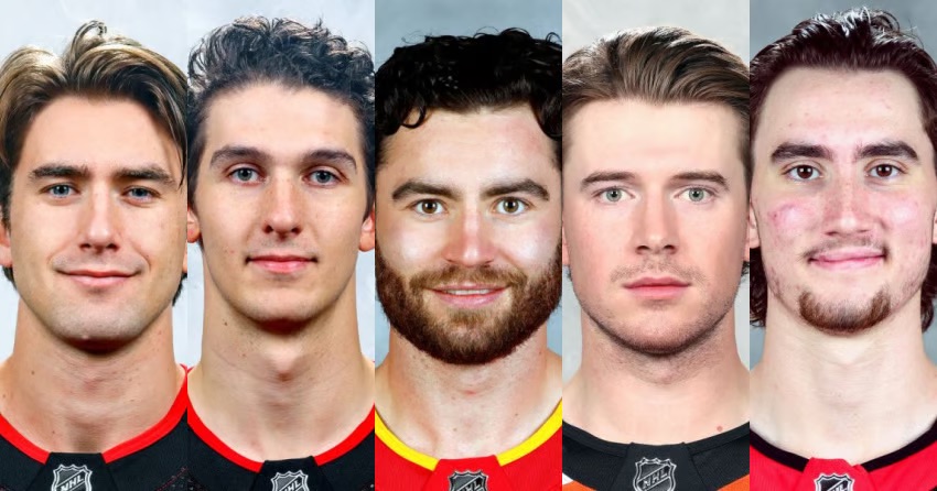 <who> Photo Credit: Hockey DB</who> (From L to R) Michael McLeod, Cal Foote, Dillon Dube, Carter Hart and Alex Formenton.