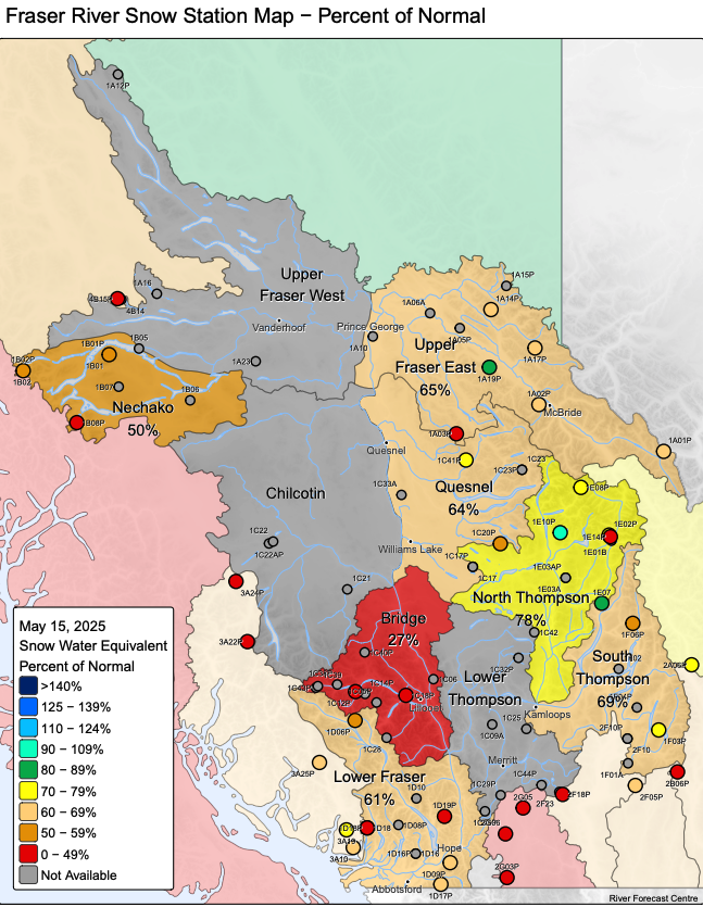 <who> Photo Credit: BC River Forecast Centre </who> A map showing snow stations and snowpack levels in the Thompson and Fraser basins as of May 15.