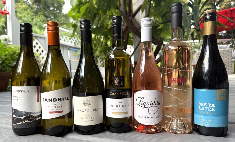 </who>From Left, Red Rooster Outbound Series 2024 Pinot Gris ($21), Sandhill Destination Series 2024 Pinot Gris ($22), Tinhorn Creek 2024 Pinot Gris ($22), Gray Monk Limited Edition 2024 Pinot Gris ($21), Liquidity 2024 Rose of Pinot Noir ($30), Laughing Stock 2024 Rose ($25) and See Ya Later Ranch 2023 Pinot Noir ($23).