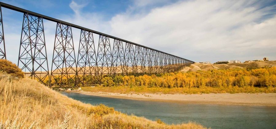 <who>Photo Credit: Travel Alberta</who>The High Level Bridge, also known as the Lethbridge Viaduct, over the Old Man River.