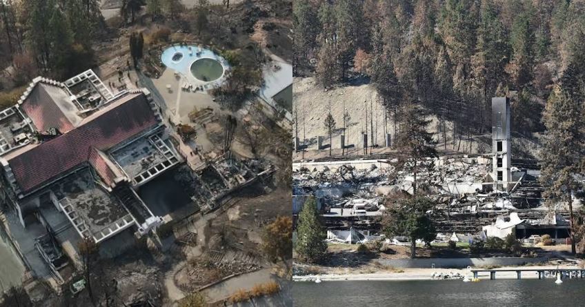 <who>Photo Credit: Lake Okanagan Resort</who>The charred remains of Lake Okanagan Resort following the August 2023 wildfire.