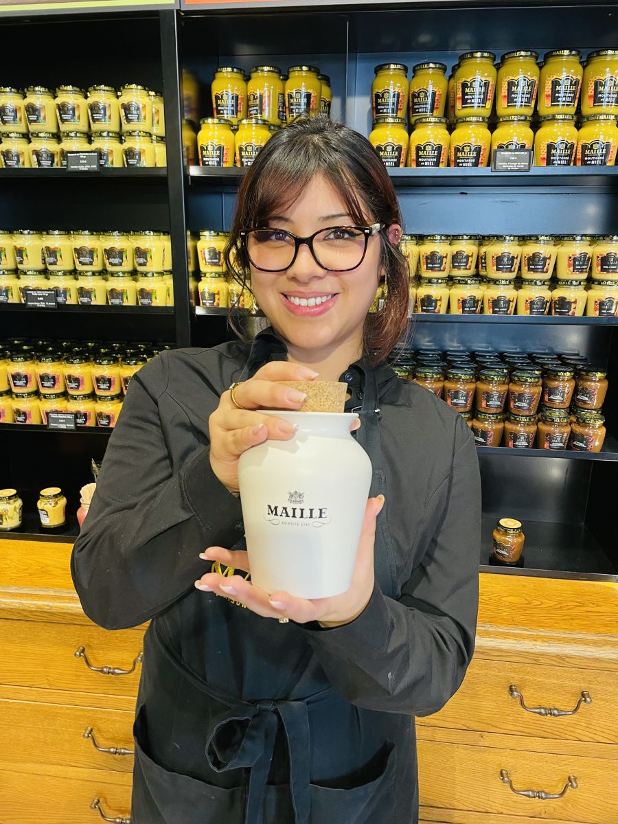</who>Above, store clerk Fabia at Moutard Maille. Below, the Moutard Maille company, which dates back to 1747, has a flagship store on Dijon's Liberty Street.