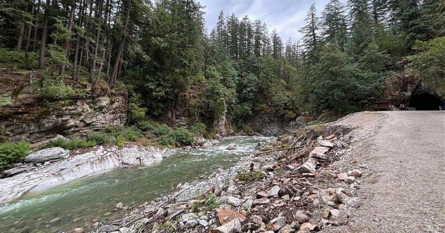 <who>Photo Credit: NowMedia/File Photo</who>The Coquihalla River beside the entrance to the Othello Tunnels (right) in late August 2024, when the water level and rate of flow is much lower than it is in July.