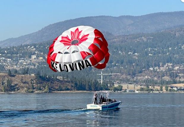 <who>Photo credits: Viator, above, and GetMyBoat, below</who>Parasailing, above, is also a highlight in Kelowna. Sailing, below, too.