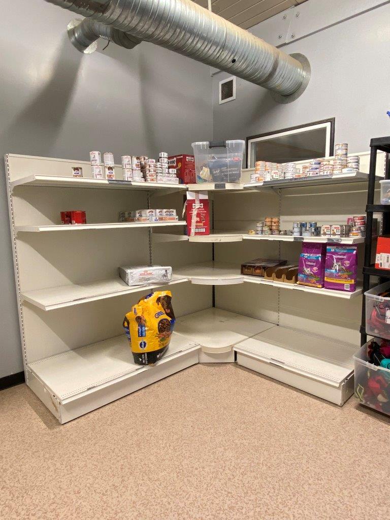 <who>Photo Credit: BC SPCA</who>Empty pet food bank shelves at BC SPCA Victoria.