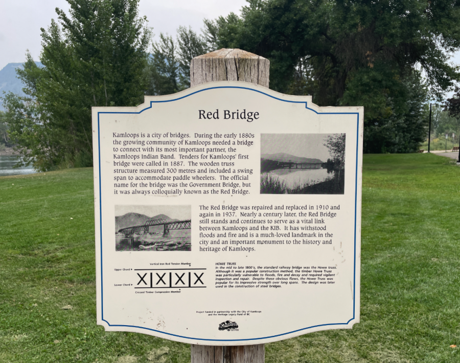 <who> Photo credit: Macarena Mantilla / The Wren </who> Sign about the Red Bridge history.