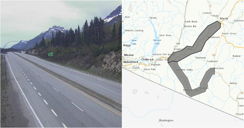 <who> Photo credit: DriveBC/Environment Canada </who> The Coquihalla this morning (left) and the area covered by the weather statement (right).
