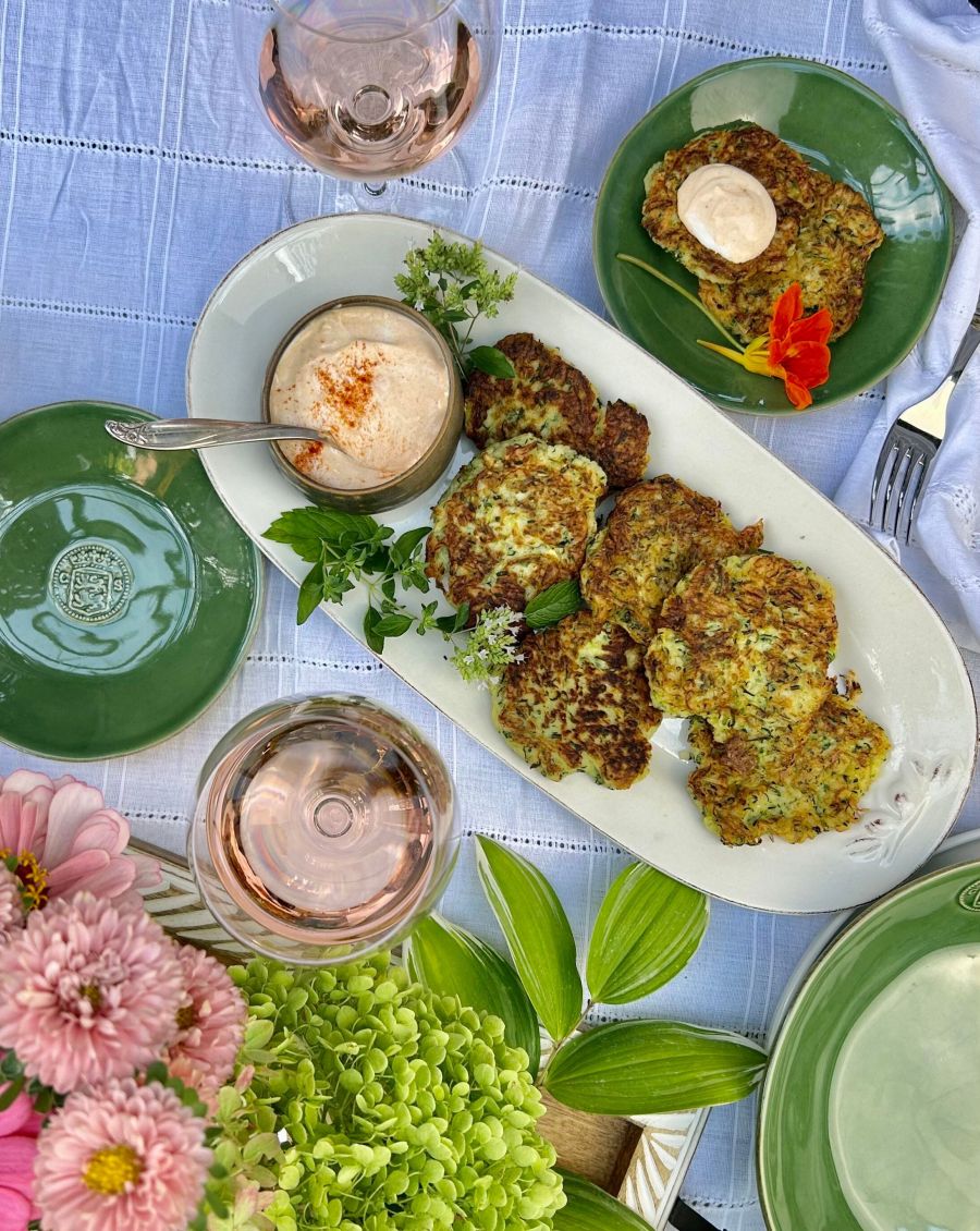 <who>Photo credits: Burrowing Owl Winery</who>Zucchini fritters, above, paired with Burrowing Owl Rose. Below, the salmon and asparagus goes well with the Burrowing Owl Sauvignon Blanc.