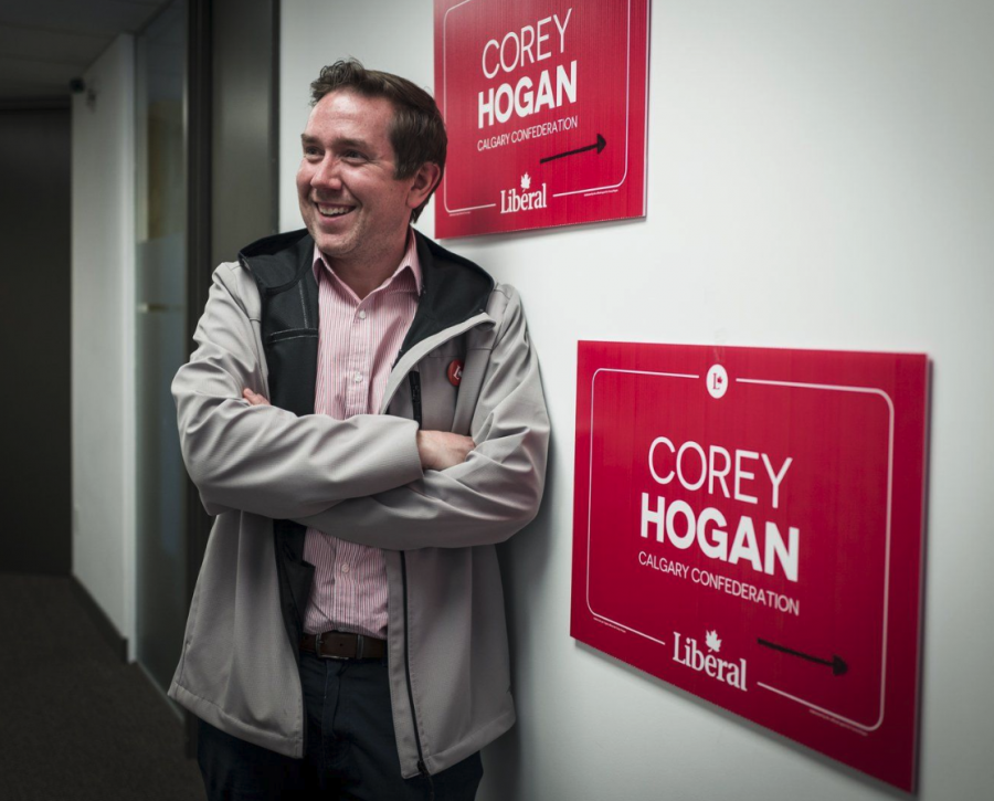 <who> Photo credit: Canadian Press </who> Newly elected Liberal member of Parliament Corey Hogan speaks about his win in the Calgary Confederation riding during an interview on Tuesday, April 29, 2025.
